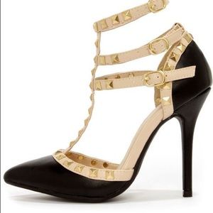 Black and Cream Stone Studded T-Strap Pointed Heels
